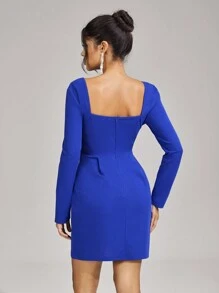 SHEIN Belle Women Elegant Knitted Blue Rhinestone Decor Long Sleeve Short Cocktail Dress, Wedding Guest Dress Music Festival  Spring/Summer