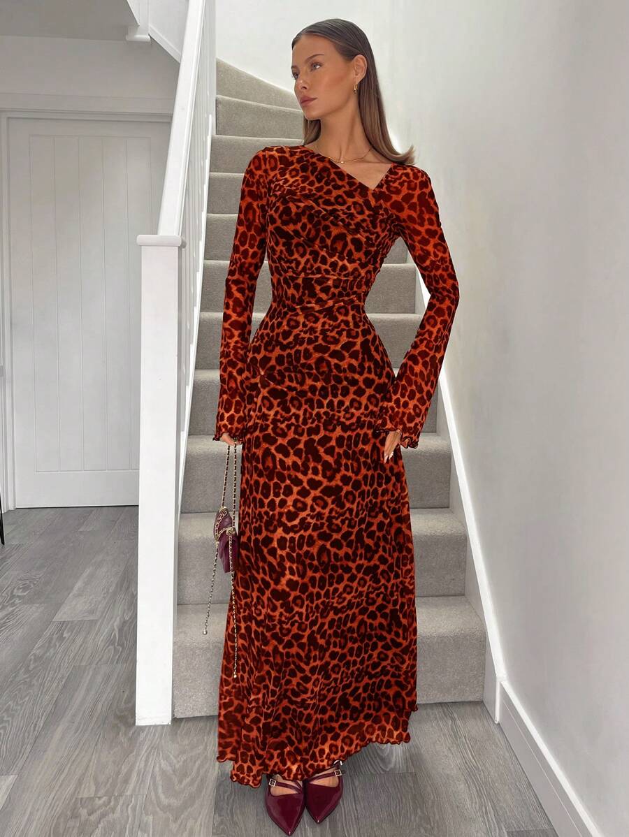 SHEIN Essnce 派对连衣裙女士不对称领口花卉植绒网眼优雅连衣裙 - 玫瑰紅 - 查看 1