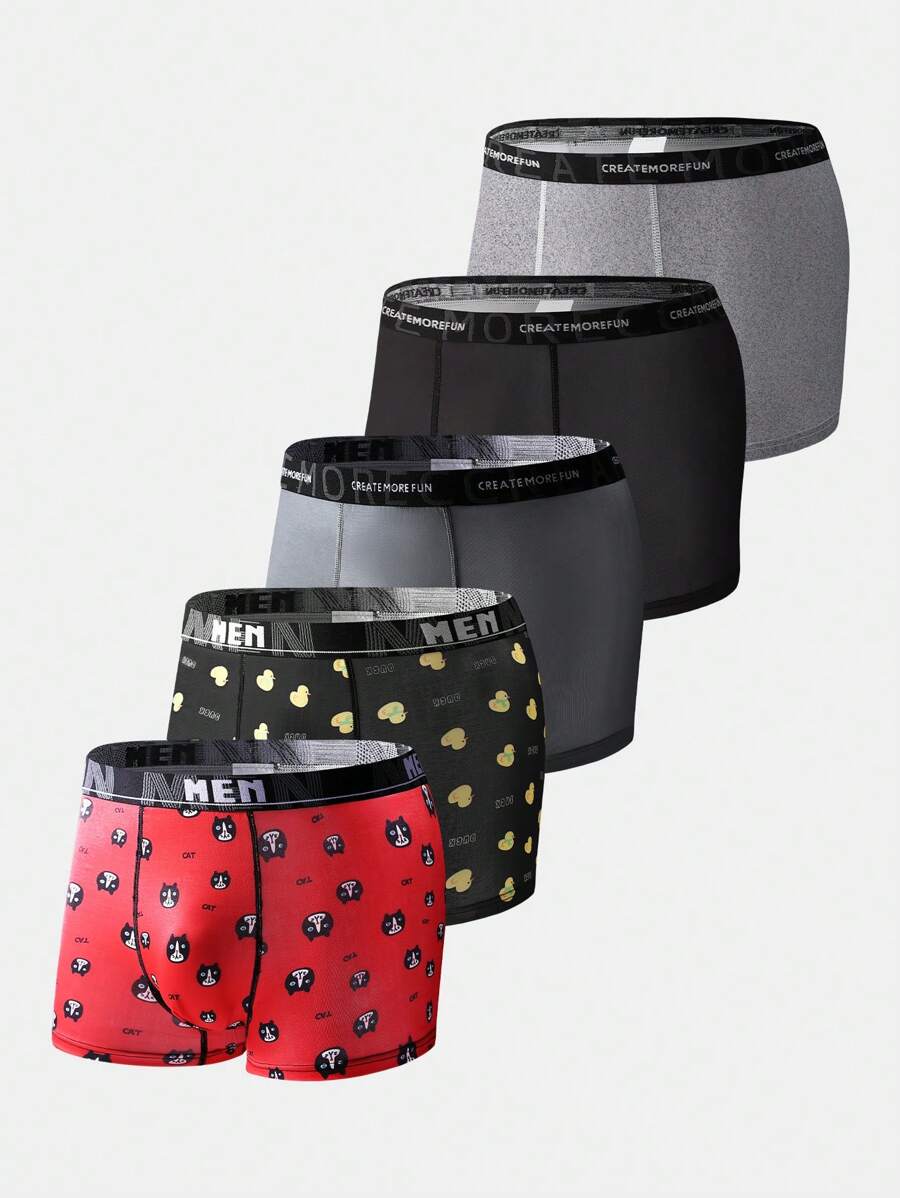 Paquete de 5 bóxers tipo brief casuales con estampado de letras minimalista para hombres - Multicolor - Ver 1