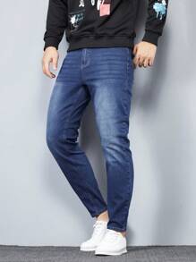 Manfinity Homme Men's Front Button Pocket Casual Denim Jeans, Everyday Wear - Dark Wash - View 3