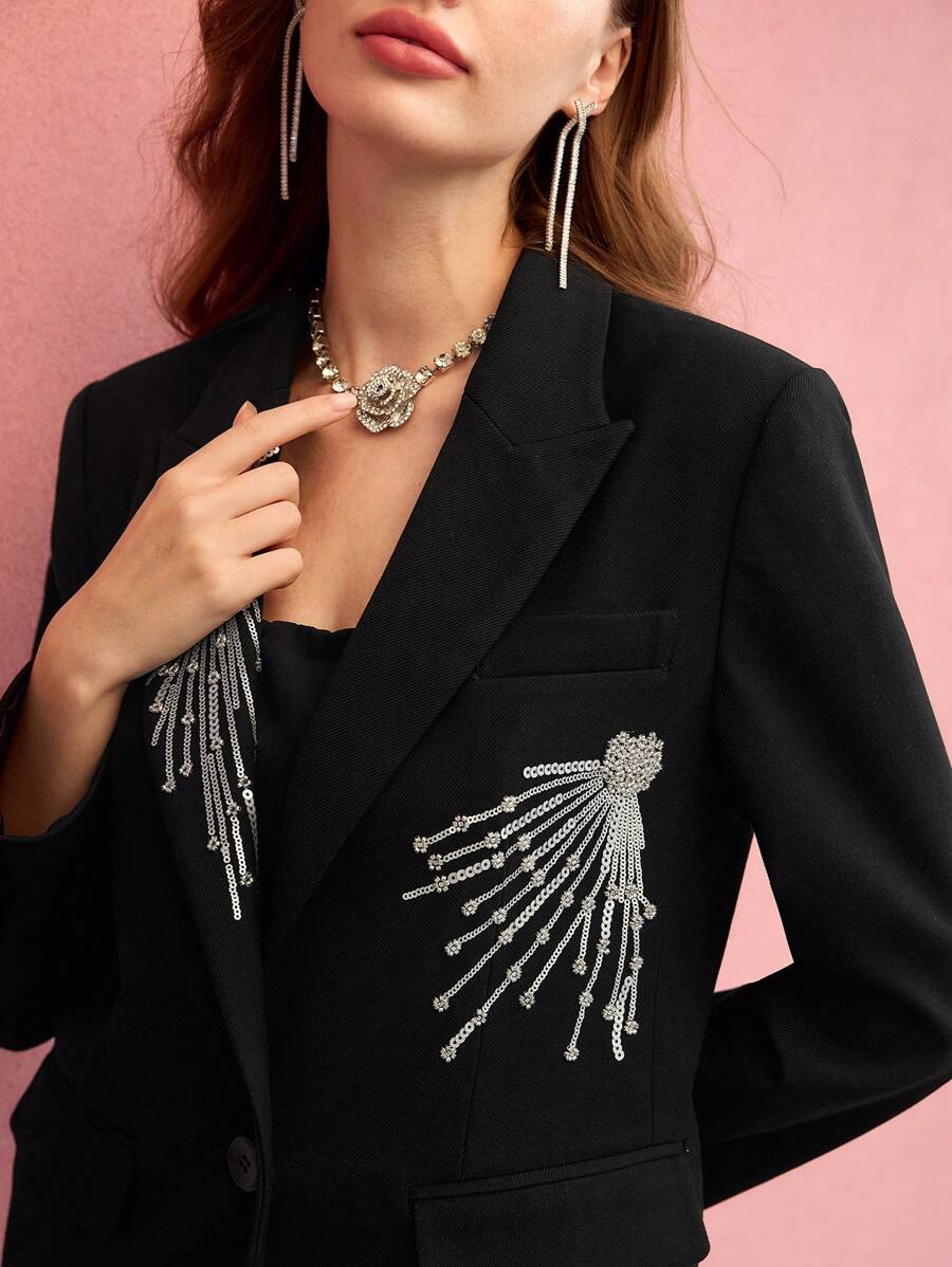 MOTF PREMIUM SEQUIN BEADED SINGLE BUTTON STRUCTURED BLAZER - Black - View 2