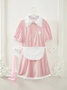 Set de 3 piezas: Vestido de talla grande con patchwork de unicolor, delantal, medias