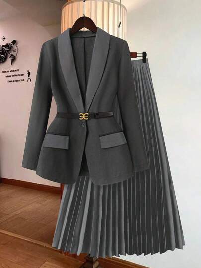 SHEIN Clasi Women Button Front Long Sleeve Top & Pleated Skirt Suit Set, Minimalist