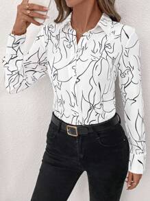 SHEIN Clasi 大码女式优雅冬季长袖白色和黑色几何印花前扣紧身衣