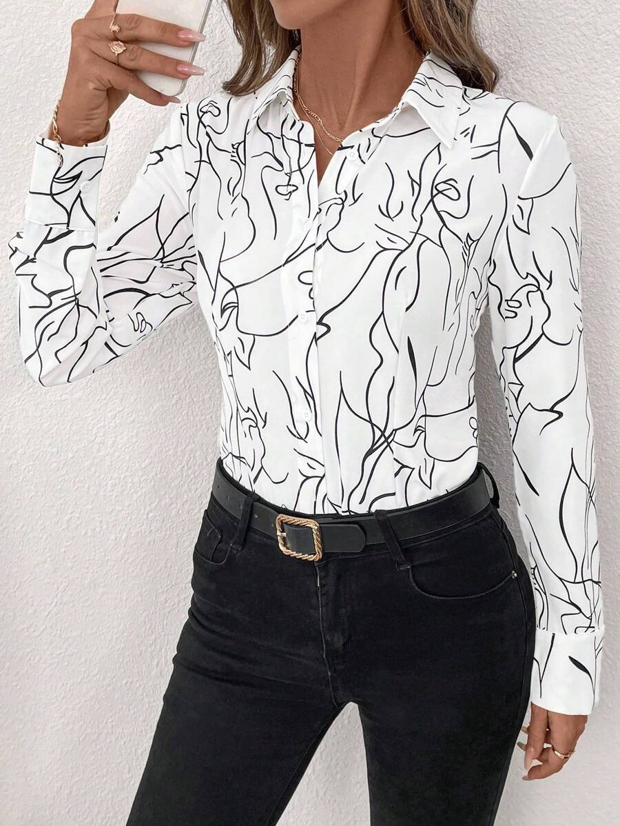 SHEIN Clasi 大码女式优雅冬季长袖白色和黑色几何印花前扣紧身衣