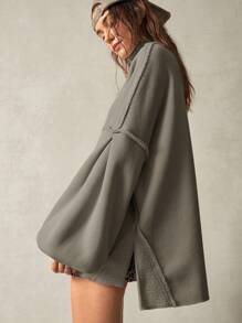 Bohemela 女士休闲纯色针织高领落肩灯笼袖宽松套头运动衫 - 卡其色 - 查看 1