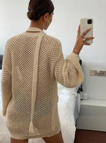 DAZY Top tricoté décontracté à manches longues, épaules tombantes, couleur unie, ample et ajouré pour femmes, automne/hiver - Nude - Voir 7