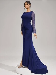 SHEIN Belle 女士优雅纯色长袖礼服，简约别致休闲日常礼服，情人节鸡尾酒礼服，晚会正式派对礼服，秋冬季撞色网眼长袖伴娘礼服，婚礼宾客礼服