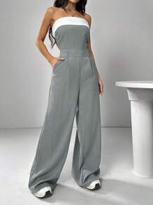 SHEIN EZwear Women's Contrast-Color Pleated Wide-Leg Jumpsuit - Grey - View 6