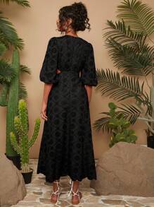 Travachic 假日编织刺绣 V 领连衣裙、秋季泡泡袖连衣裙、秋季女装、女士连衣裙、高个子女士、长裙、秋季女士连衣裙 - 黑色 - 查看 2