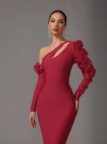 Glamrae Robe moulante mini élégante à épaules échancrées avec contraste noir et blanc et motif floral 3D. Polyvalente pour les rendez-vous, les soirées entre célibataires, les mariages et les événements cocktails