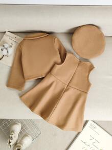 Souflis Souflis 3 sztuki/zestaw dla dziewczynek Elegancka Akademia Klasyczna Ciepły Krótki Kardigan Kurtka, Sukienka Bez Rękawów I Beret Garnitur, Kolor Khaki, Wygodna I Miękka Tkanina, Nadaje Się Na Zewnątrz, Jesień/Zima