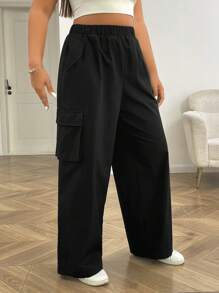 SHEIN EZwear Plus Size Casual Versatile Black Straight Leg Cargo Pants