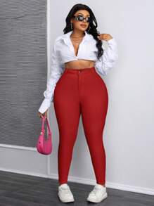 Plus Size Casual Simple Solid High Waisted Skinny Jeans - Red - View 3