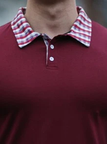 Manfinity Homme Men's Casual Plaid Collar Long Sleeve Polo Shirt For Autumn - Burgundy - View 3