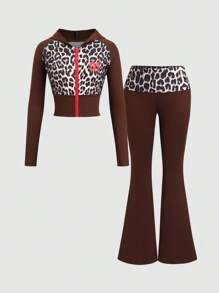 SHEIN Unity 2pcs Set: Leopard Print Patchwork Hoodie Jacket And Fold-Over Hem Pants - Multicolor - View 1