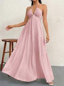 Firerie Váy hở lưng bằng vải chiffon có dây buộc phía sau dành cho nữ khi đi nghỉ dưỡng, đám cưới, sự kiện - Màu Hồng baby - Xem 4