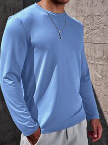 Manfinity Homme Men's Solid Color Round Neck Long Sleeve Casual Top, Daily Wear Tee, For Fall - Baby Blue - View 6