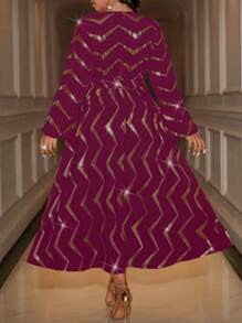 Allurite Cross Collar Waisted Dropped Shoulder Long Sleeve Puff Sleeve Tie-Up Heavy Foiled Random Cut Dress - Burgundy - View 2