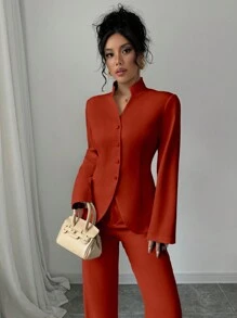 Elenzga Elegant Solid Color Stand Collar Cinched Waist Curved Hem Jacket, Autumn - Red - View 4