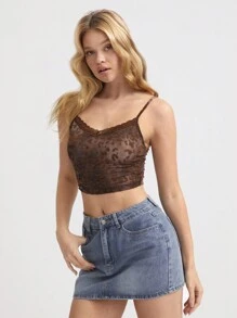 TRNVIE 1 件女式复古性感 V 领派对豹纹网眼蕾丝拼布紧身吊带背心，适合秋冬季