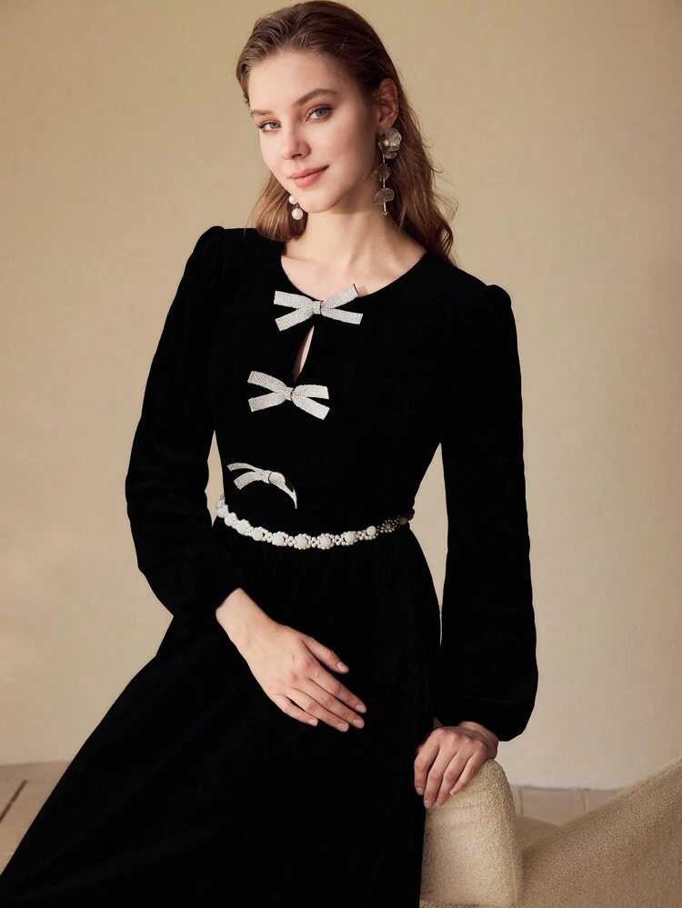 Vestido midi con manga farol y decoración de lazo con strass, outfit para mujer