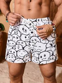 Manfinity Swimmode Men's Cartoon Print Drawstring Waist Casual Beach Shorts - White - View 5