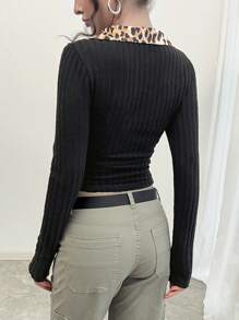INAWLY Y2K Chic V-Neck Leopard Print Spliced Oversized Ribbed Knit Long Sleeve T-Shirt Fall Cloth For Women - Black - View 2