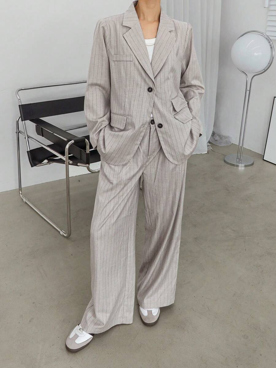 Dazy-Less 2 Pieces Loose Minimalist Striped Women Suit Business Casual Woman Work Clothes - Grey - View 1