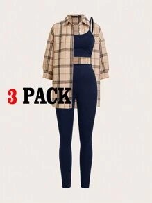 SHEIN Essnce Women's Casual Light Sports Summer Outfit, Sexy & Fashionable Outdoor Cycling Tennis Travel Top Top & Compression Trousers Pants & Plaid Shirt 3pcs/Set