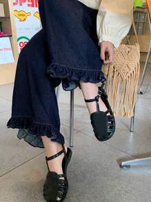 FRIFUL Women's Navy High Waist Straight Leg 7/8 Length Jeans,Ruffle