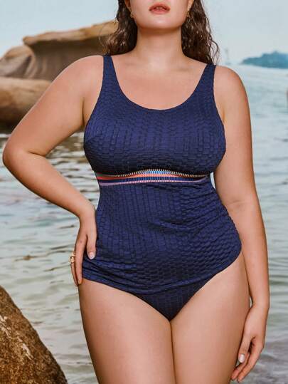 SHEIN Swim Curve Plus Size Women Striped Patchwork Fabric Tankini Swimwear Summer