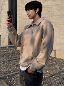 DAZY Men's Polo Collar Small Pattern Embroidered Pullover Sweatshirt - Khaki - View 5