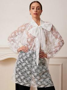 Aveloria Rosie Romantic Elegant Lace Dress, Loose Peter Pan Collar Bowknot, Spring Summer Lightweight Sheer Oversized Dress For Women, Feminine Look Valentine's Day Fall Cloth For Women - White - View 5