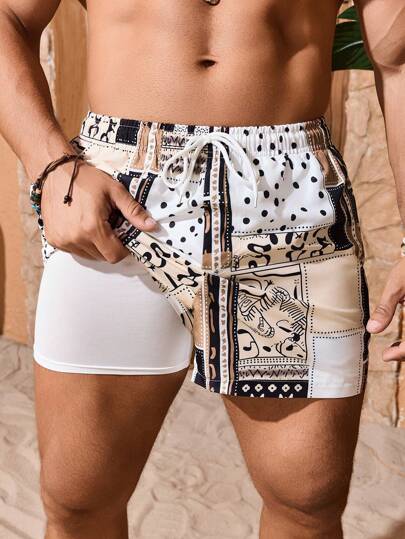 Manfinity KASUA Men's Beach Shorts Drawstring Waist Front Tie Pocket Boho Style Beach Vacation Hawaiian, Patchwork Shorts, Men White Swim Trunks, Men S Two Piece Shorts, Men Rhinestone Shorts, Men Beach Shorts Set