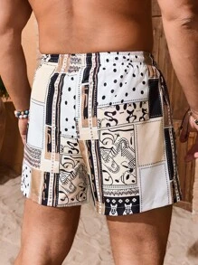 Palasendo Men's Beach Shorts Drawstring Waist Front Tie Pocket Boho Style Beach Vacation Hawaiian, Patchwork Shorts, Men White Swim Trunks, Men S Two Piece Shorts, Men Rhinestone Shorts, Men Beach Shorts Set - Camel - View 2