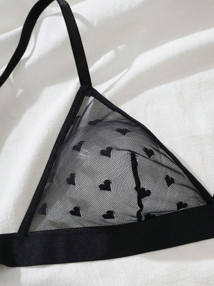 PetitDoll Set di lingerie da 2 pezzi con rete a motivo a cuore trasparente e senza fili, perfetto per San Valentino - nero - Visualizzare 5