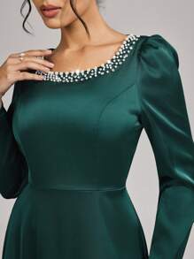 SHEIN Belle New Elegant Solid Color Beaded Decor Long Sleeve Waist Cinching Slim Fit Dress Luxury Evening Gown, Sequin And Pearl Cuff Design, Elegant Party Dress For Ladies, Long Sleeve Formal Dress, For Wedding Guest, Graduation, Dinner, Prom Dress