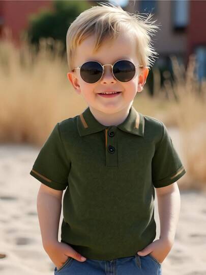 SHEIN Vintaside Kids 男婴经典军绿色 Polo 衫，休闲舒适运动风格，适合日常穿着、居家、度假、学校、聚会，适合春夏季