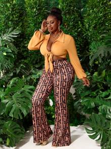 Slaydiva Plus Size Women 2Pcs Set,Blush Pink Autumn Classy Formal Night Out Club Holiday Elegant Tie Front Long Sleeve Blouse & Polka Dot Print Flare Pants - Multicolor - View 3