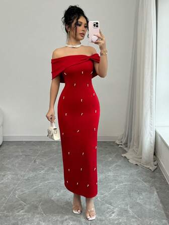Rafferiza Elegant French Chic Bodycon Off-Soulder Bow Pearl Studded Stretch Stickt Röd Klänning, Dagligt Klädsel & Festtillfällen, Höst/Vinter Mini Cocktail Klänning