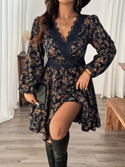 SHEIN Frenchy Plus Size Ditsy Floral Lace Finished Lantern Sleeve Casual Dress Na Jesień