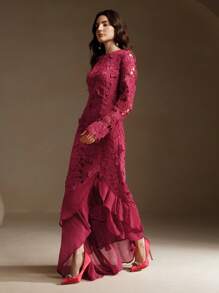 Anewsta Women's Round Neck Long Sleeve Lace 3D Floral Fishtail Hem Dress - Burgundy - View 6