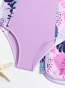 SHEIN Tween Girl's Tropical Plant Printed One-Piece Swimsuit And Swim Shorts Set Kids Swimming ,Kids Beachwear - Multicolor - View 3