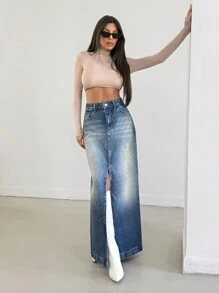 EURMUSE HIGH RISE AYMMETRIC FRAYED HEM WOMEN SKIRT - Medium Wash - View 4