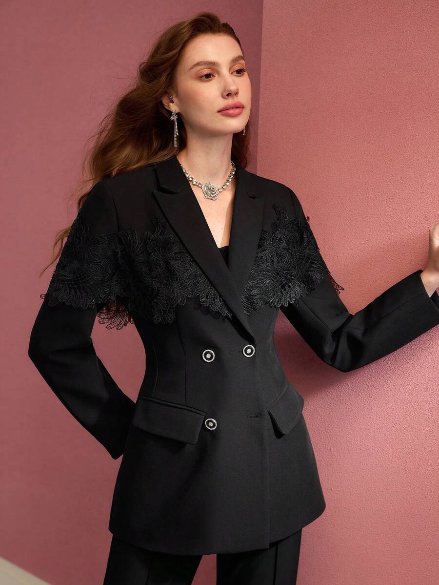 MOTF PREMIUM CONTRAST LACE DOUBLE BREASTED BLAZER