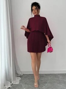 Selianne 优雅女士高领荷叶边垂褶连衣裙 - 酒紅色 - 查看 3