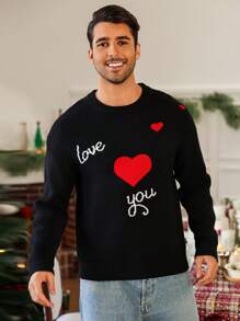 Manfinity Homme 1 件男士休闲情侣装字母和心形图案圆领长袖休闲针织毛衣，秋冬 - 黑色 - 查看 4