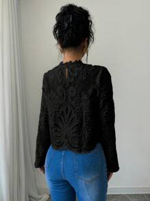 Selianne Women's Solid Color Lace Trim Long Sleeve Casual Top, For Everyday Wear Fall Cloth For Women - Black - View 2