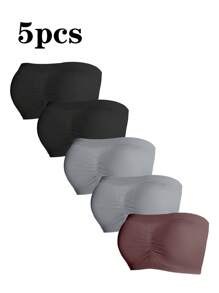 Women Solid Color Pleated Bandeau Bra Set Of 5 - Multicolor - View 4